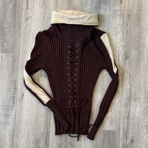 Y2K Lace Up Ribbed Corset Knit Sweater Brown Racing Stripe Turtleneck Top